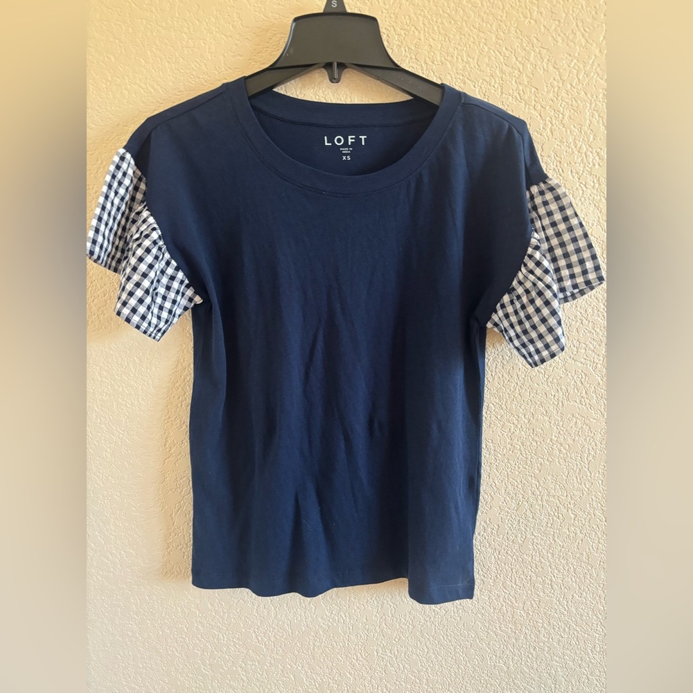 LOFT Navy Blue Gingham Sleeve Top NWOT